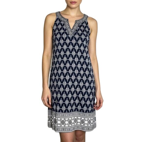 Magnolia Grace Blue Alhambra Embroidered Trim Knit Dress NWOT Small Petite - Picture 1 of 8